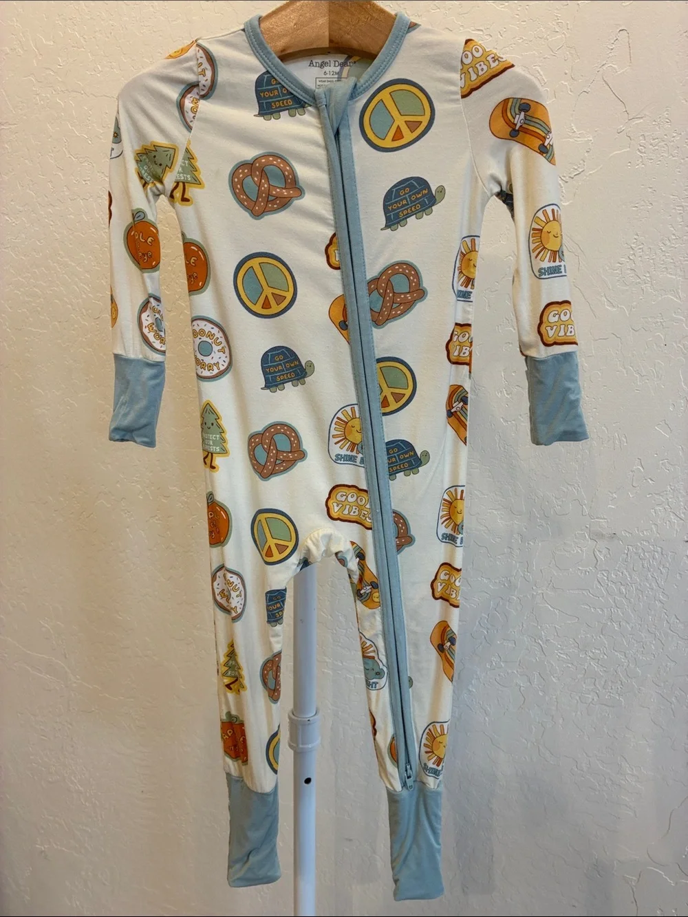 Angel Dear Cream One-Piece Footie Pajamas with Blue Trim and Yellow Accents